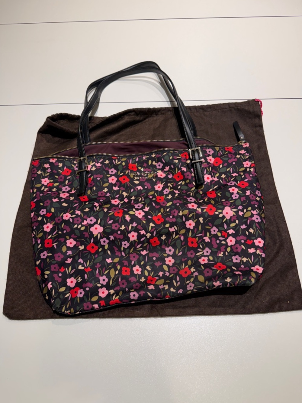 Kate Spade Black Floral Tote with Pink & Red Blooms incl Dust Bag